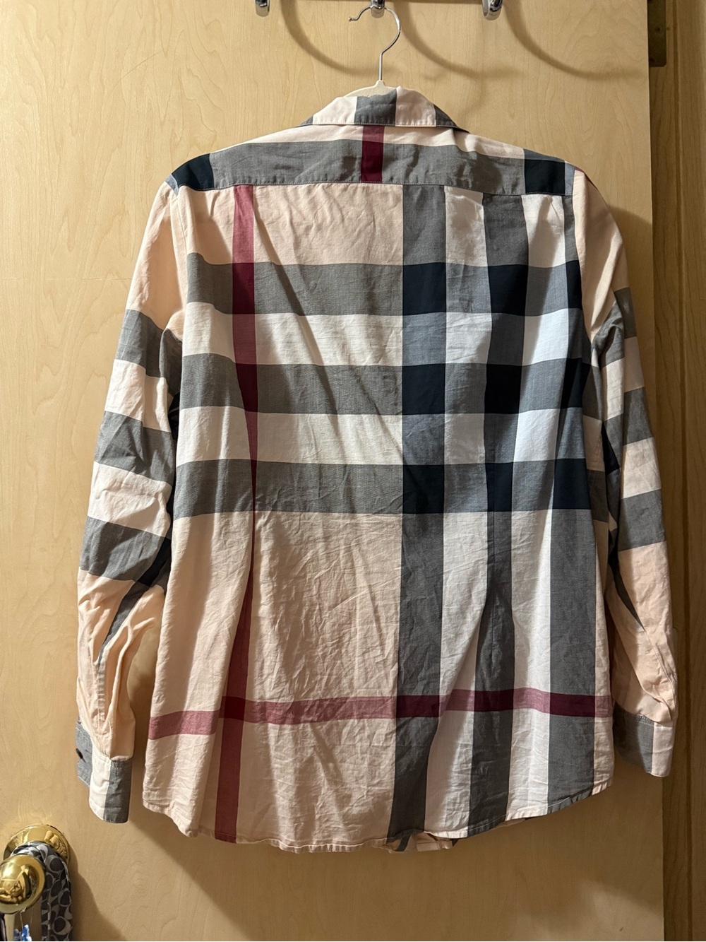 Burberry Plaid Button-Down Shirt in Cream, Gray & Burgundy - Picture 3 of 5